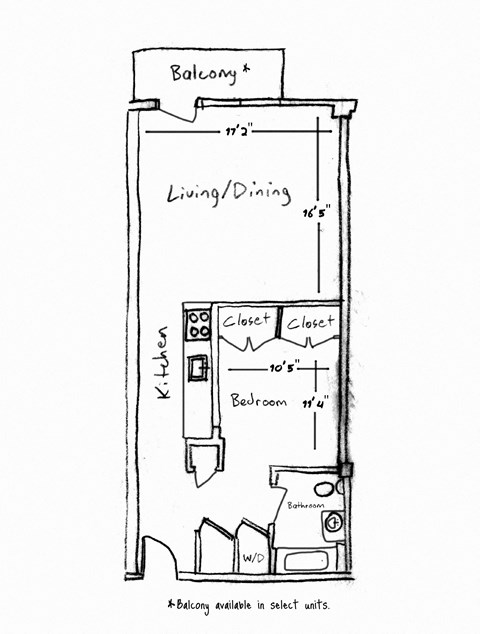 A drawing of a floor plan for a small apartment with a balcony.